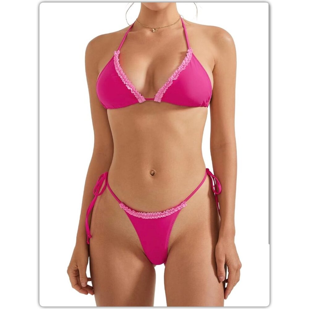 Pink Ruffle Thong Triangle Bikini - Picture 4 of 5